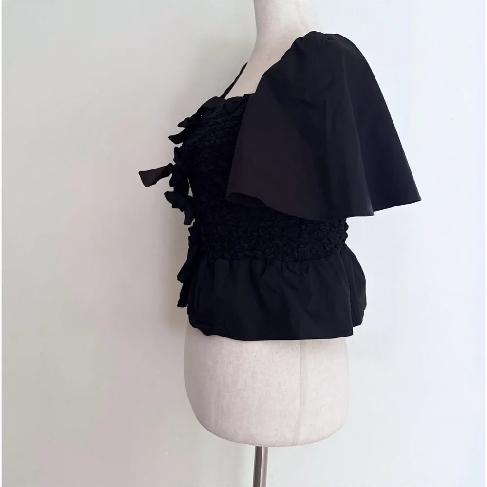 NWT Anthropologie x Mare Mare Bow-Front Tied Bows Blqck Smocked Peplum Blouse S‌